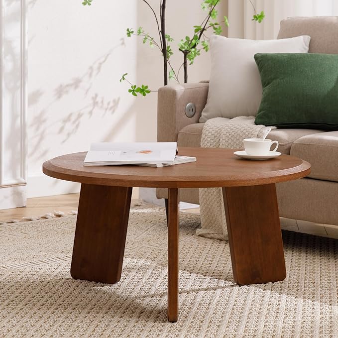 Janoray Modern Wood Coffee Table Small Desk Farmhouse Round Coffee Table Floor Table Couch Table Easy Assembly for Living Room/Office/Reception/Sofa Couch End, Walnut