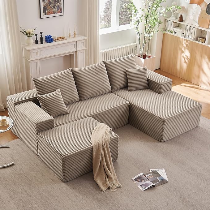 Lakifun 107" U-Shape Cloud Couch, Modern Modular Sectional Comfy L-Shape Sofa with Ottoman, Deep Seat, Upholstered Corduroy Sleeper Chaise Longue for Living Room Bedroom, No Assembly Required, Camel