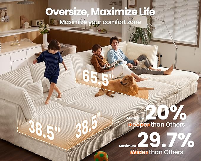 Oversized Modular Sofa, Extra Deep Cloud Corduroy Sectional Couch with Ottoman Chaise, Fluffy Chenille 4 Seater Sofa for Living Room, Villa (Basic 4 Seater, Corduroy White)