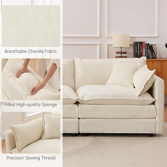 saows Modular Sectional Sofa, 112.2 Inch L Shaped Couch Set with Armrests, 3-Seater Comfy Cloud Couches with Movable Ottoman for Living Room Apartment, Beige