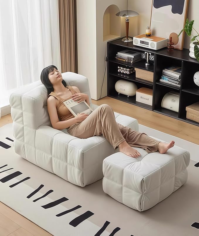 Bean Bag Chair - Memory Foam Bean Bag Chair for Adults, Comfy High-Resilience Single Sofa, Small Space Floor Chair, Chaise Lounge for Living Room, Bedroom (Beige, Square + Ottoman)
