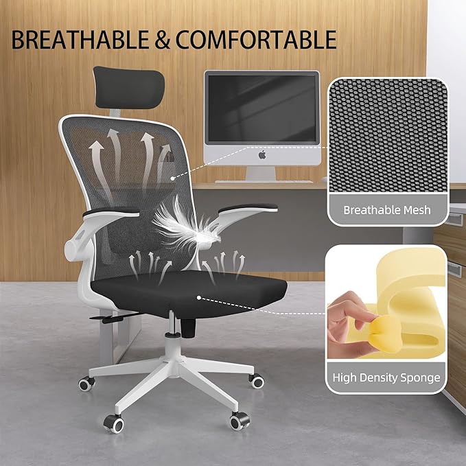 Office Chair Ergonomic Desk Chair with Lumbar Support&Headrest&Flip-up Arms Height Adjustable Rocking Swivel High Computer Chair Multi-Angle from 90° to 125° with 350LBS Capacity (03White+Black)