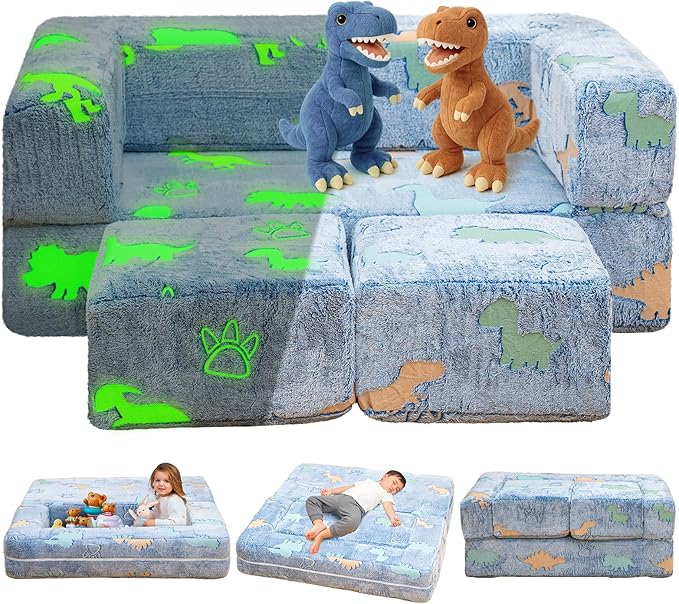 Lamerge Toddler Couch Glow in The Dark Toddler Fold Out Couch for playroom, Convertible Baby Fold Out Play Foam and Floor Cushion for Bedroom (Blue+Dinosaur)