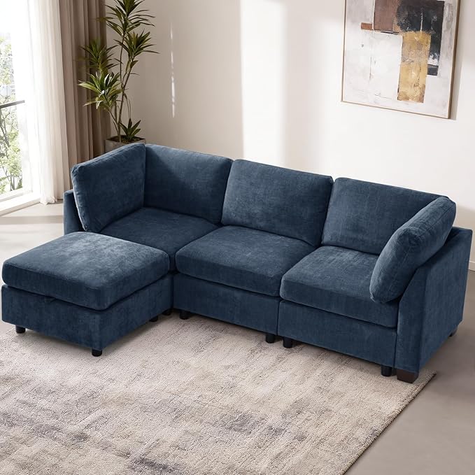 EDILLY 94 inches Oversized Modular Sectional Fabric Cloud Sofa Set, Extra Large L Shaped Couch Reversible Chaise Couch,3 Seat Modular Sofa with Storage Ottoman, Blue