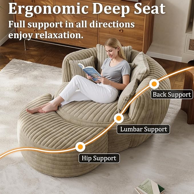 50" W Oversized Round Chaise Lounge Chair with Ottoman Indoor Boneless Plush Fluffy Corduroy Circle Couch Soft Comfy Cozy Cloud Reading Chair for Living Room, Playroom, Bedroom - Camel