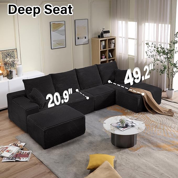 135.4" W Cloud Sectional Couch with Ottoman,Modern U-Shaped Cloud Couch with Deep Seat,Comfy Corduroy 4-Seater Sofa,Memory Foam Sofa for Living Room,No Assembly (Black,Right-Facing Chaise)
