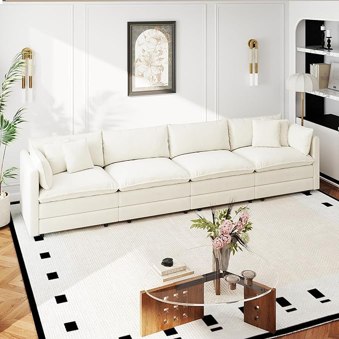 Aoowow Modular Sectional Sofa,147.2 Inch Deep 4-Seater Sofas Comfy Chenille Cloud Sofas and Couches with Pillows for Living Room Apartment（Beige）