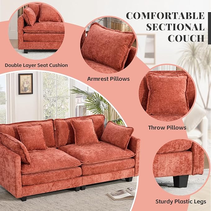 SoarFlash 77.95" Chenille Sectional Sofa, Comfy Modular Loveseat Sofa, Modern 2-Seat Couch Deep Seat Sofa Set for Living Room,Orange