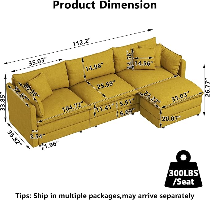 Aoowow Modular Sectional Sofa Modern Convertible L Shaped Couch,111.5 Inch Deep 3-Seater Sofas Set Comfy Chenille Cloud Sofas and Couches with Movable Ottoman for Living Room Apartment（Yellow）