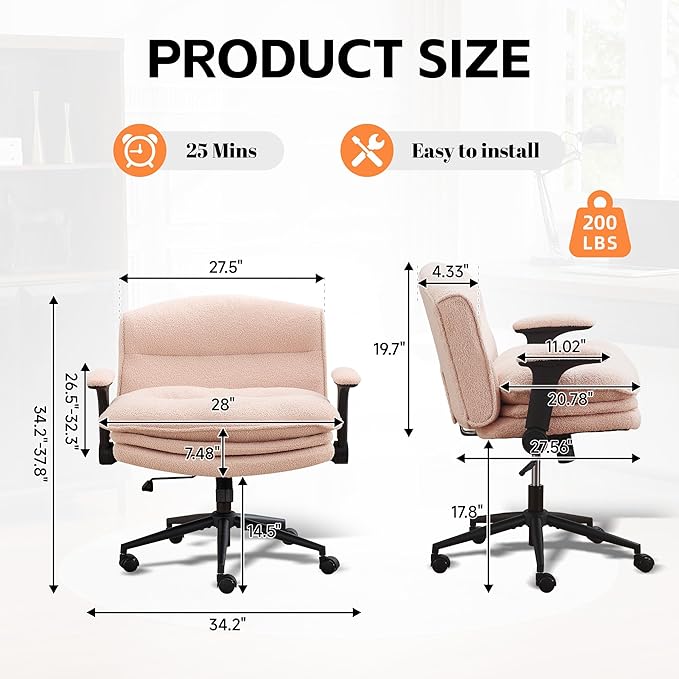 Criss Cross Chair with Flip-up Arms, Wide Criss Legged Chair with 3 Layer Cushion, Ergonomic Office Desk Chair with Wheels, Swivel Vanity Chair for Office, Living Room, Bedroom, Boucle Pink