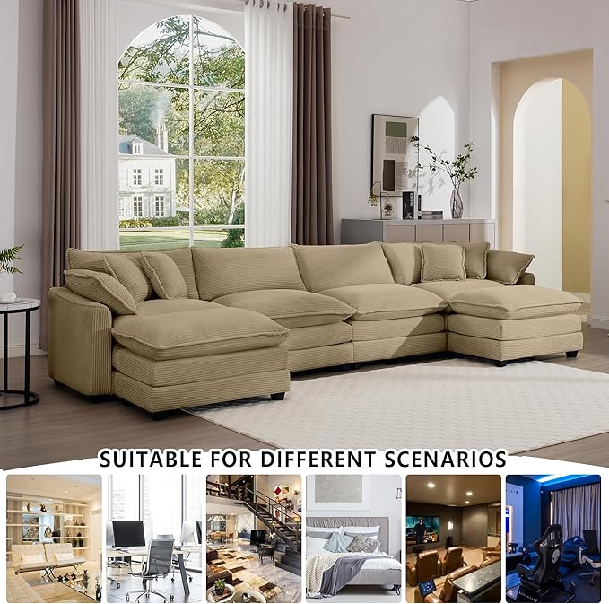 Aoowow Corduroy 4 Seater Couch with Ottomans,Modern Large Cloud Couches for Living Room,U Shaped Modular Sectional Cloud Sofas Deep Seat,U Shape Oversized Tufted Sofa Set (Tan, 4 Seater + 2 Ottoman)