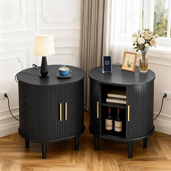 DHH Mid Century Modern Nightstand with Charging Station, Fluted Accent Side Table with Sliding Door & Adjustable Shelf, End Table for Small Space, Living Room, Bedroom,Sofa Couch (1, Black)