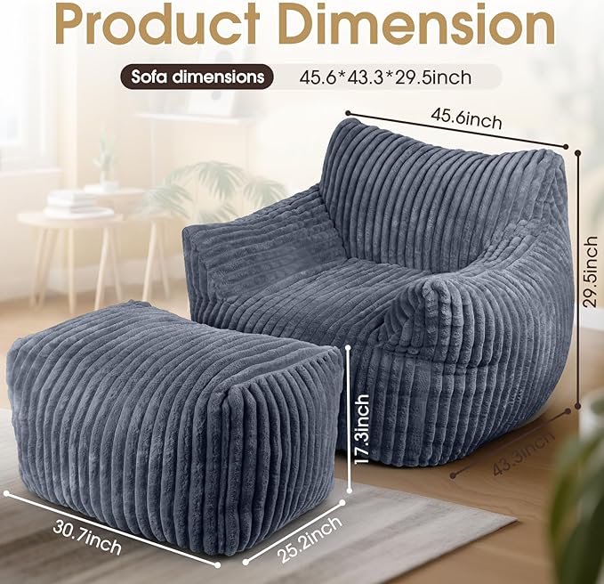 Giant Bean Bag Chair with Ottoman, Oversized Plush Comfy Bean Bag Sofa for Adults and Kids, Memory Foam Mini Couch Single Lounges for Living Room, Bedroom & Game Room(Gray)
