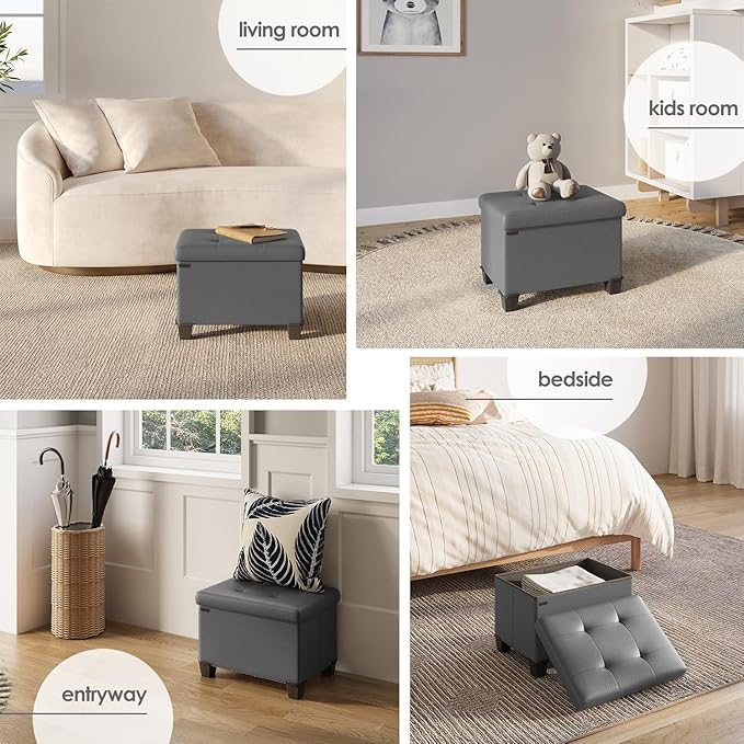 Storage Ottoman Cube with Small Bin, 16-in Square Ottoman with Storage for Living Room and Bedroom, Small Ottomans Foot Rest, Faux Leather Foot Stools Ottomans Max 330lbs, Grey
