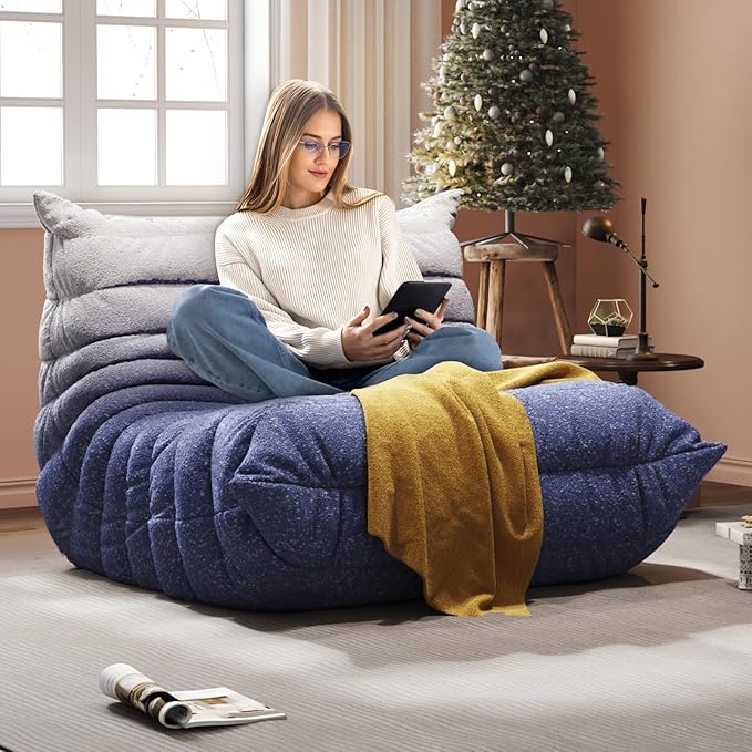 Bean Bag Chair, Fireside Chair, Large Bean Bag Chair for Adults, Bean Bag Chairs for Teens with High-Resilience Foam, Non-Slip Base Floor Lounge Sofa,Living Room (Gradient White-Blue, Single)