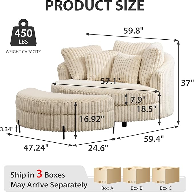 Chifee & Vingol 59.8" W Oversized Accent Round Chair Large Barrel Chair with Ottoman & Movable Wheels & 5 Pillows, Faux Fur Fabric - Beige