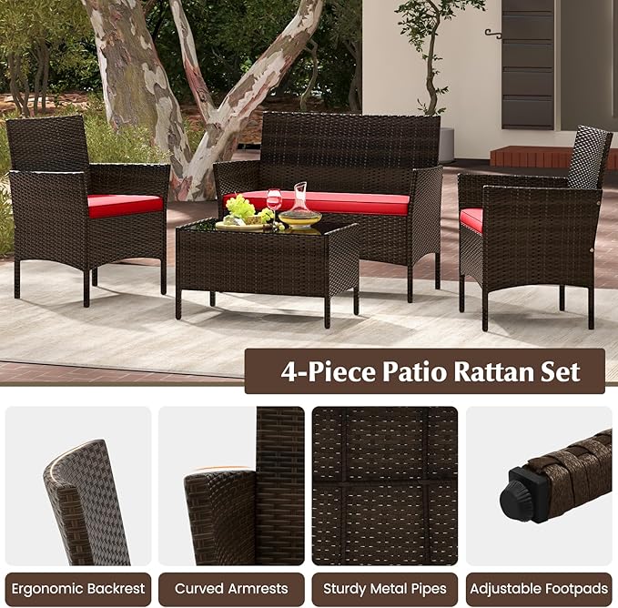 KOTEK 8 Piece Patio Furniture Set, Outdoor Rattan Conversation Set with Loveseat, Wicker Chairs, Tempered Glass Coffee Table, Wicker Patio Set for Backyard, Porch (Red)