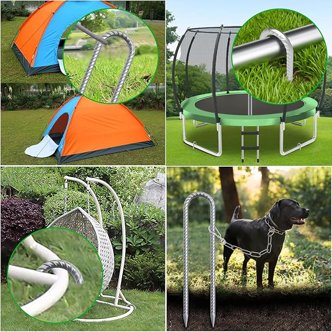 OK5STAR Trampoline Wind Stakes 16 Inch, 3/8" Diameter Heavy Duty U Shaped Rebar Tent Fence Stakes for Ground, Galvanized Trampoline Tie Down Anchor Kit 16 Pack