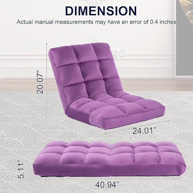 Floor Chair, 24 inches Wide Oversized Velvet Armless Lay Flat Floor seat Padded Meditation Chair with 6 Adjustable Position Ergonomic Comfortable Convenient(LRSF-009-PURPLE)