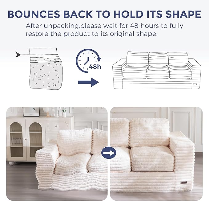 MAXYOYO 3-Seater Boneless Sofa Couch, Modern Faux Fur Sofa for Living Room, Soft Bean Bag Chair High-Density Foam Couch with Pillows, No Assembly Required