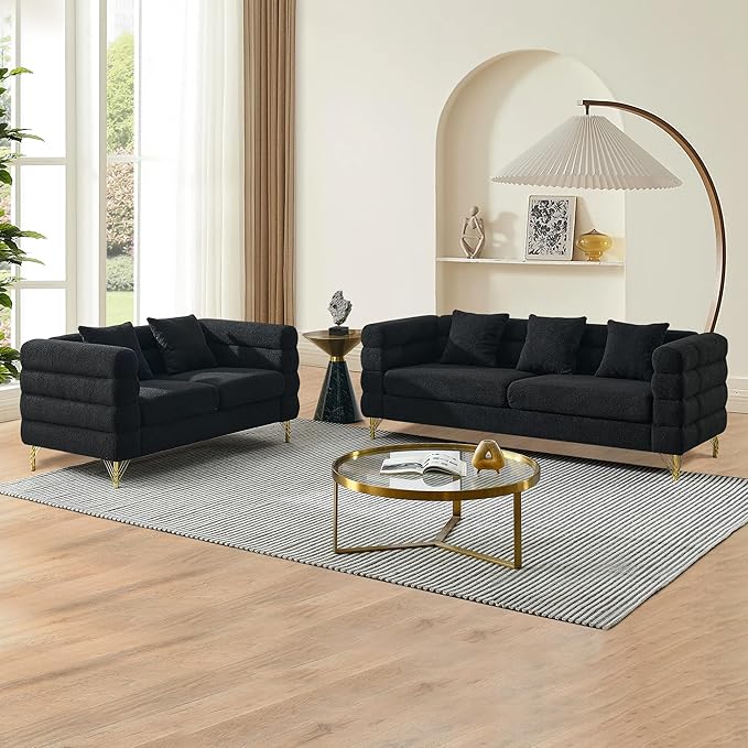 mikibama Luxury Teddy Sofa Set for Living Room, Modern Decor Furniture Sectional Sofa, 3 Seater Couch and Loveseat with 5 Pillows for Apartment, Office, Hall (Black)