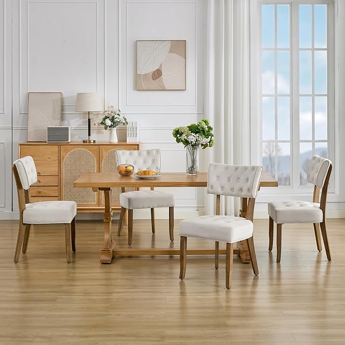 UVV Upholstered Dining Chairs Set of 2, Mid Century Modern Tufted Kitchen Chairs Dining Room Chairs, Velvet Dinner Chair with Wood Legs for Dining Room Kitchen, Beige