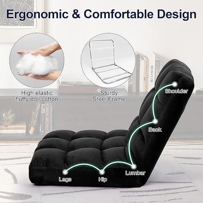 Floor Chair, 24 inches Wide Oversized Velvet Armless Lay Flat Floor seat Padded Meditation Chair with 6 Adjustable Position Ergonomic Comfortable Convenient(LRSF-016-BLACK)
