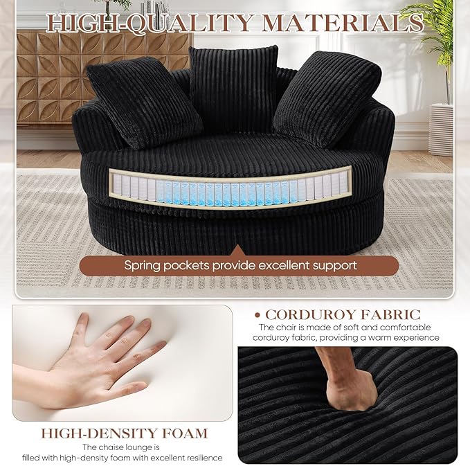 61"W Oversized Round Chaise Lounge Chair Indoor, Upholstered Corduroy Large Circle Boneless Chair with Deep Seat, No Assembly Required, Modern Comfy Cloud Sofa Chairs for Living Room, Bedroom(Black)