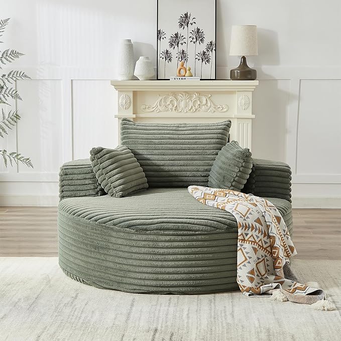 Oversized Round Chaise Longue Chair Indoor, Modern 55-inch Upholstered Corduroy Deep Seat Circle Single Cloud Lounge Floor Sofa Chair for Living Room, Bedroom Apartment, Green