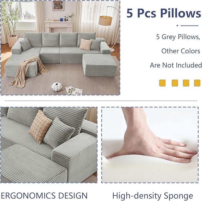 135.4" Cloud Sectional Couch with Ottoman,Modern U-Shaped Cloud Couch with Deep Seat,Comfy Corduroy 4-Seater Sofa,Memory Foam Sofa for Living Room,No Assembly (Gray,Left-Facing Chaise)