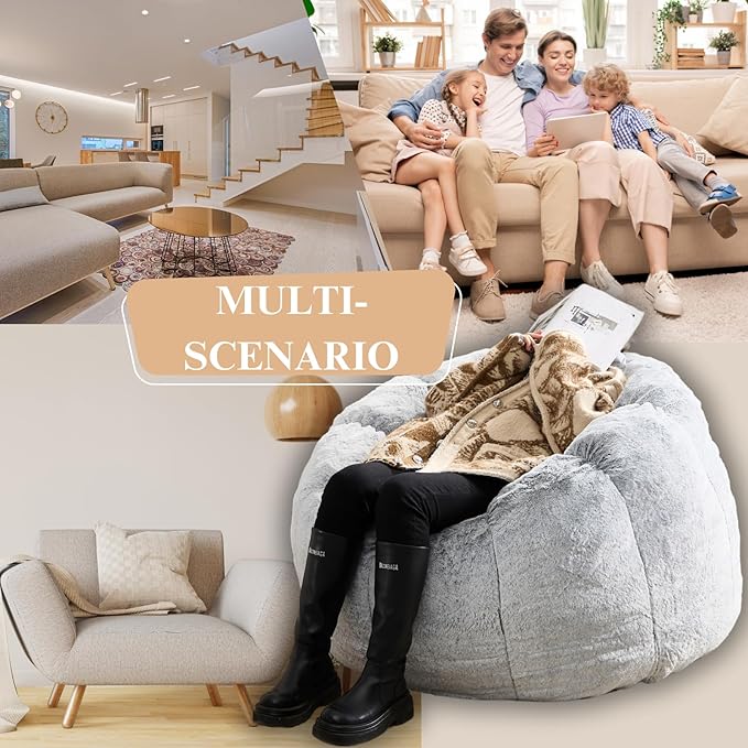 LukeAlon Faux Fur Bean Bag Chair with Filler & Petal Armrest Fluffy Floor Sofa Chair for Adults, 44"×44"×26" Cozy Seating for Bedroom, Living Room, Game Room (Grey)