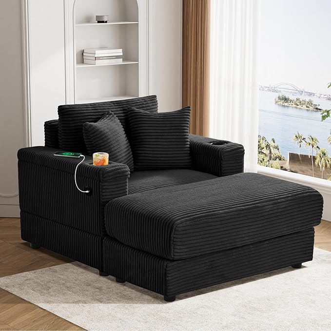DAMAIFROM Oversized Chaise Lounge Chair Indoor with USB, Cup Holder & Ottoman, Firm Solid Wood Frame with Long Service Life Corduroy Oversized Lounge Reading Chair for Study Room - Black