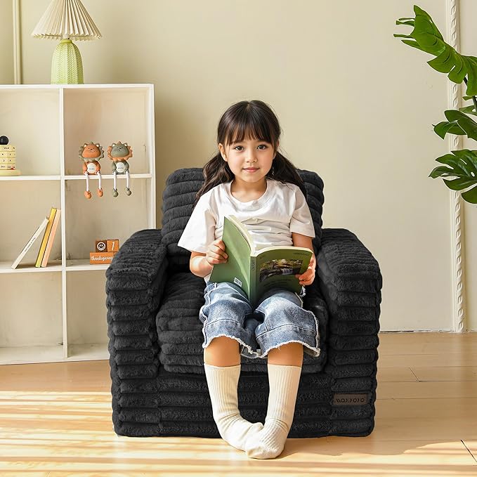 MAXYOYO Kids Bean Bag Chair, Comfy Faux Fur Bean Bag Sofa with Filler, Upholstered Floor Sofa with Pillows and Armrests, Lazy Floor Chair Couch for Boys and Girls, Black