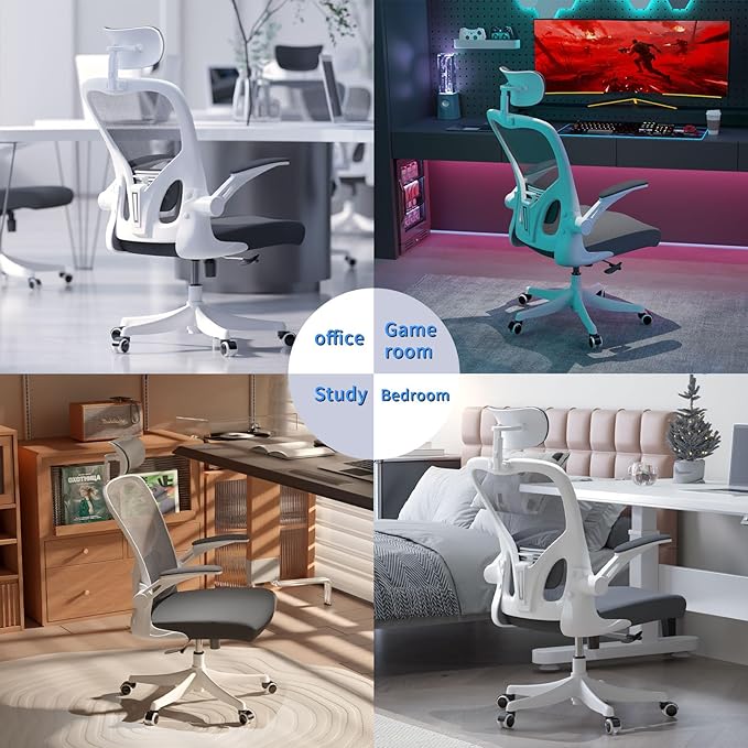 Office Chair Ergonomic Desk Chair with Lumbar Support&Headrest&Flip-up Arms Height Adjustable Rocking Swivel High Computer Chair Multi-Angle from 90° to 130° with 350LBS Capacity (02White+Grey)