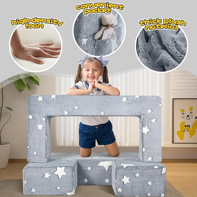 MeMoreCool Modular Kids Play Couch Sofa – Glow-in-The-Dark Star Design, Fold-Out Toddler Couch for Playroom Furniture, Grey