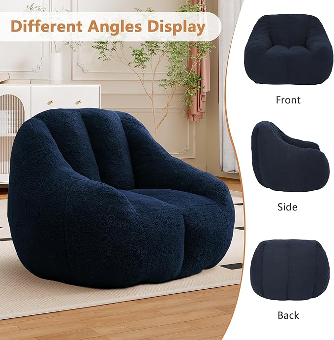 Setawix Bean Bag Chair with Filler, Comfy Teddy Bean Bag Chairs for Adults and Kids, Cozy BeanBag Sofa Fully Floor Couch with Memory Foam for Living Room Bedroom,Dark Blue