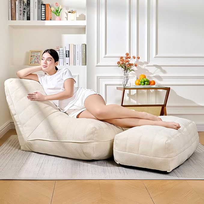 Cvortll Bean Bag Chair with Ottoman, Comfy Bean Bag Sofa with Memory Foam, Lazy BeanBag Sofa with Footstool, Fireside Bean Bag Couch for Living Room, Bedroom, Apartment (Off White)
