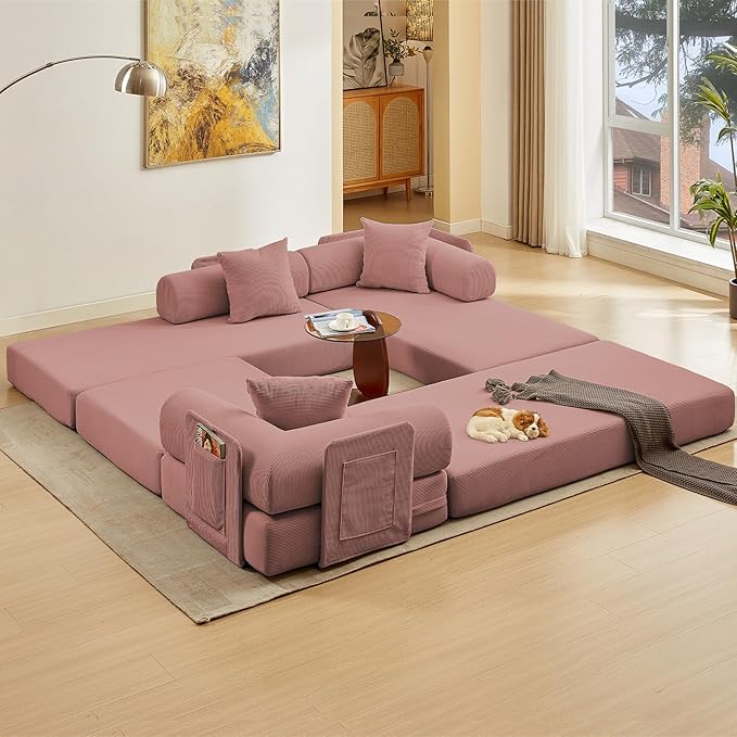 L Shaped Convertible Modular Boneless Sofa Bed with Cylindrical Pillow, Corduroy Folding Floor Sofa Couch Bed with Fixed-Shape Frame & Storage Pocket for Living Room, Pink