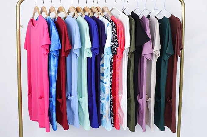 Poetsky Summer Womens Tunic Tops for Leggings with Pockets Short Sleeve Casual Long T Shirts S-3XL