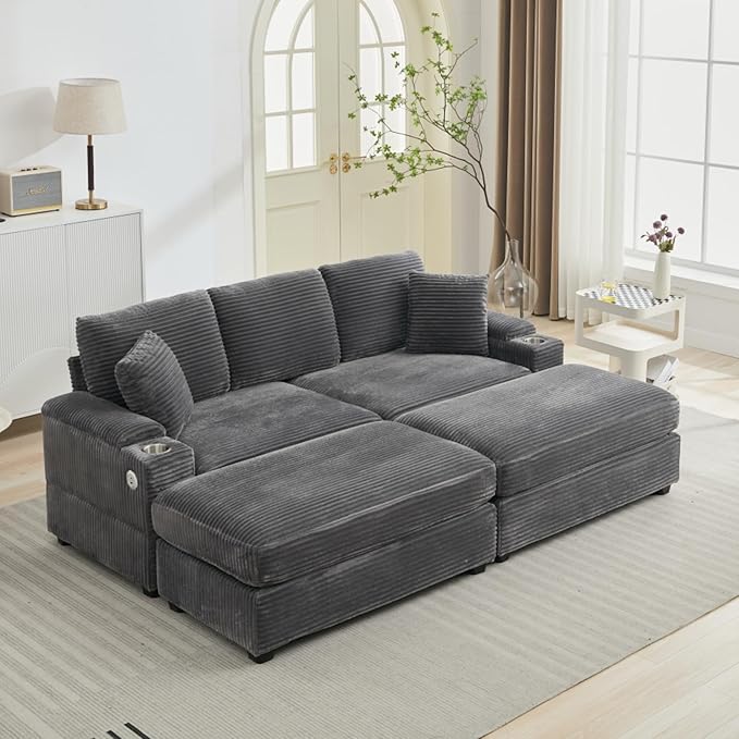 KEIKI 4 Seat Combination Sofa Set, Chaise Lounge Sofa with Armrest Storage, Cupholders, USB, Deep Seat Sleeper Couch Reading Chairs for Living Room, Gray