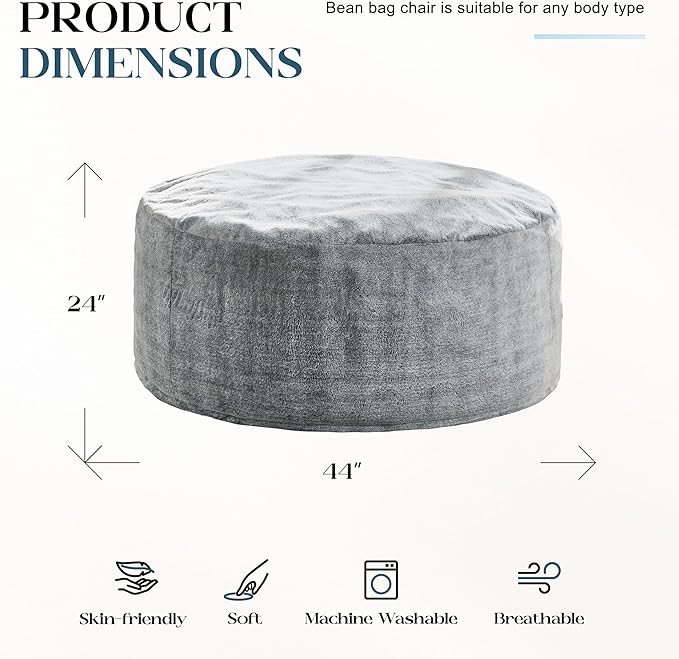 Hobestluk Bean Bag Chairs Giant Beanbag Chair with Filler, Memory Foam Bean Bags with Fluffy & Machine Washable Cover, Bean Bag Chairs for Aduts for Living Room, Bedroom (Grey, 4FT - 44” x 44” x 24”)