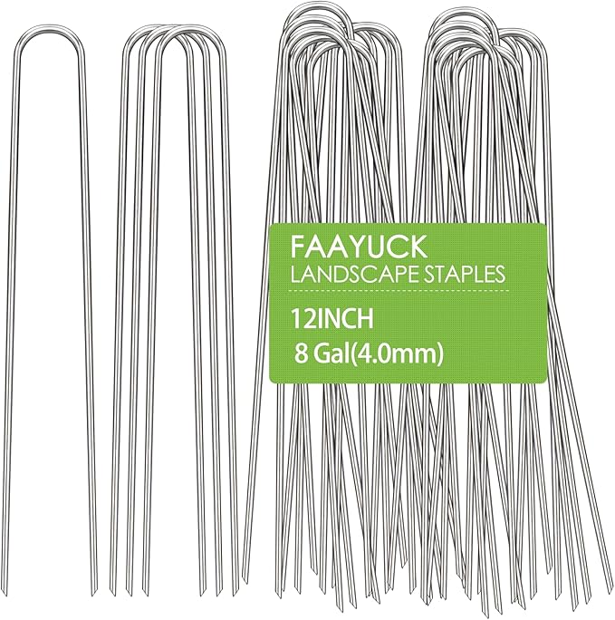 FAAYUCK 12 Inch Landscape Staples, 12/25/50/100 Pack Galvanized Garden Stakes, Heavy Duty 8 Gauge U-Shaped Ground Stakes for Weed Barrier Fabric, Irrigation Tubing, Fence, Outdoor Decorations