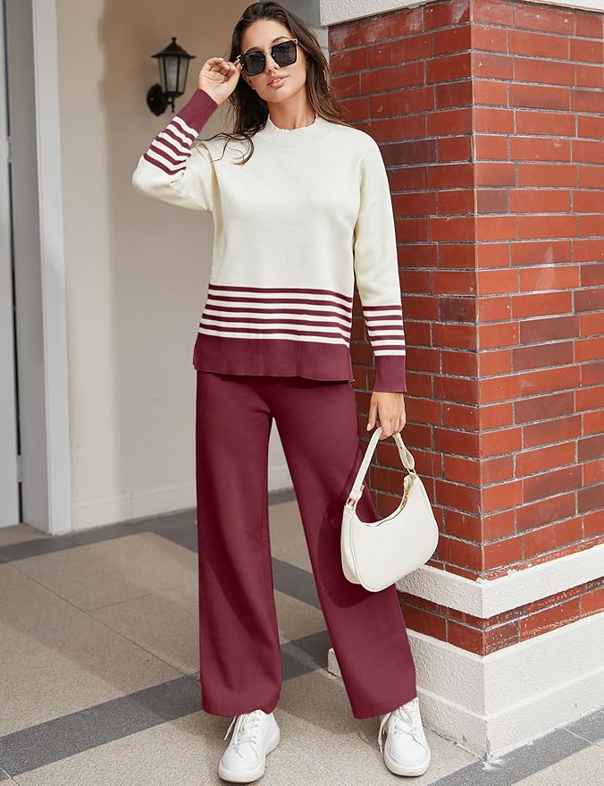 Tanming Women's Lounge Sets 2 Piece Outfits Knitted Pullover Sweater Tops Wide Leg Pants Tracksuit