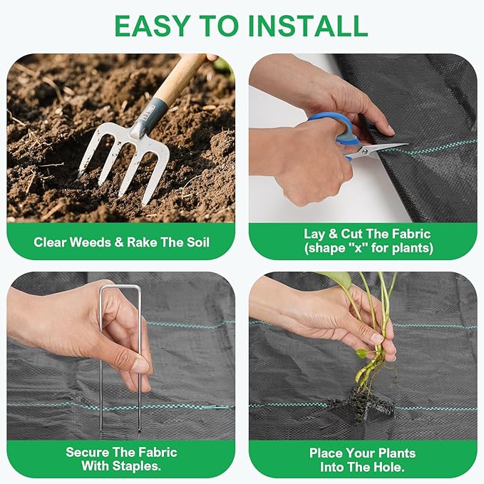 BIRDSINYARD 3ftx50ft Weed Barrier Landscape Fabric - 3.2oz Premium Heavy Duty Weed Block Ground Cover Mat with 20 U-Shaped Securing Pegs | Woven Geotextile Fabric for Weed Control Garden Cloth