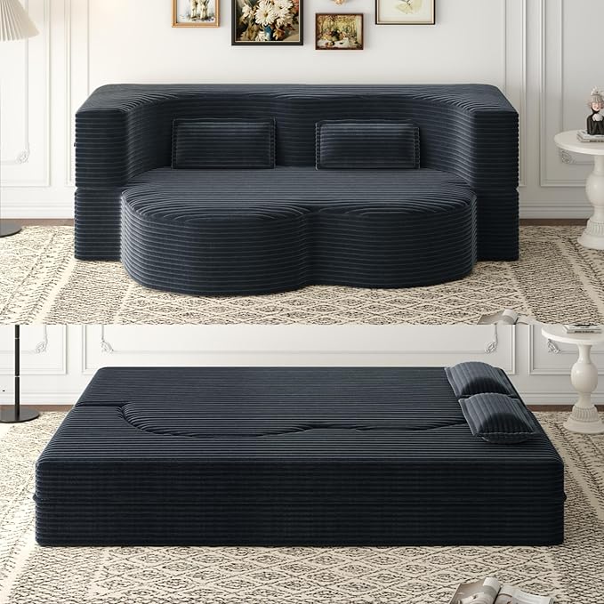 No Assembly Required Modern Floor Sofa, Convertible Plush Corduroy Sleeper Sofa Bed with 2 Pillows, Full Size Folding Mattress for Living Room and Guest Bed, Dark Grey