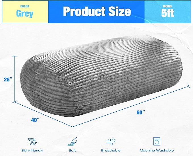 Hobestluk 5FT Bean Bag Chairs Adult Bean Bag with Portable Handle Comfy Large Bean Bag Lounge Chair with Removable Cover for Living Room Bedroom (Stripe Grey, 5FT)