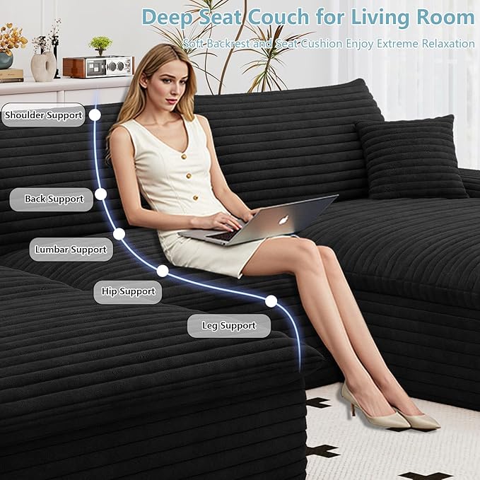 107" Cloud Sectional Couch with U-Shaped Chaise,Corduroy Viral Boneless Sofa with Ottoman,Memory Foam Couches in a Box with Deep Seat for Living Room,No Assembly Required(Jet Black,Right-Facing Chaise