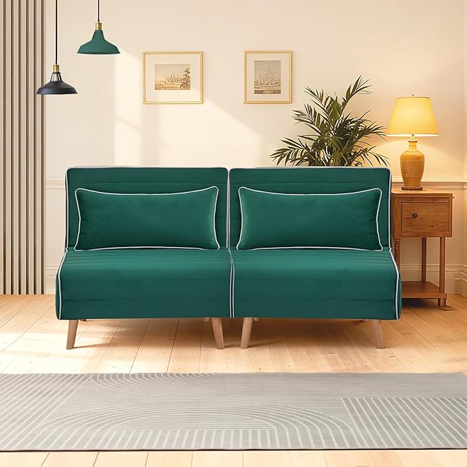 CITTANEO 2 Sets 32" Convertible Sleeper Chair, 3-in-1 Folding Sleeper Chair with Adjustable Backrest and Pillows, 2-Piece Sofa Bed Sets for Living Room, Apartment, Office, Green