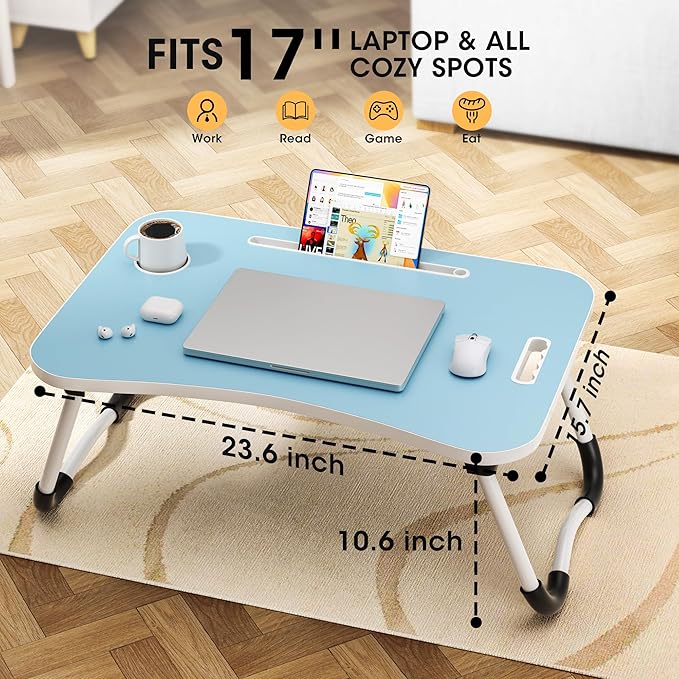 Folding Lap Desk, 23.6 Inch Wood Laptop Bed Desk with Cup Holder, Portable Bed Table for Working Writing Reading & Eating for Bed, Sofa, Couch, Floor - Blue