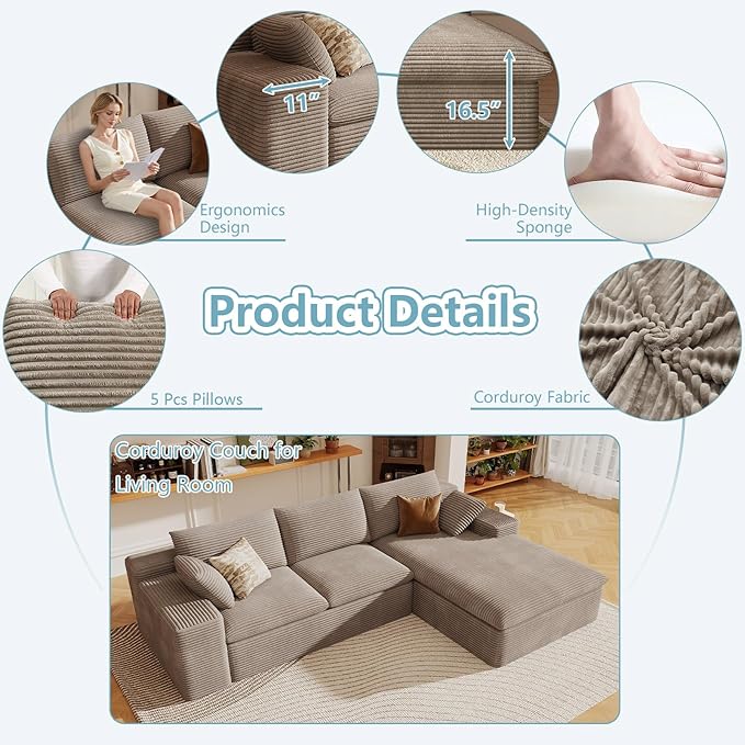 107" Cloud Sectional Couch with L-Shape Chaise,Corduroy Viral Boneless Sofa for Living Room,Modern Memory Foam Couches in a Box with Deep Seat,No Assembly Required (Camel,Right-Facing Chaise)